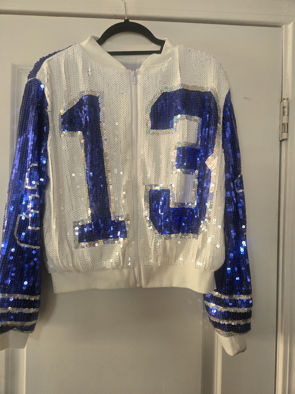 Dallas Cowboys Inspo White Sequin Bomber Jacket with Blue '13' Accent